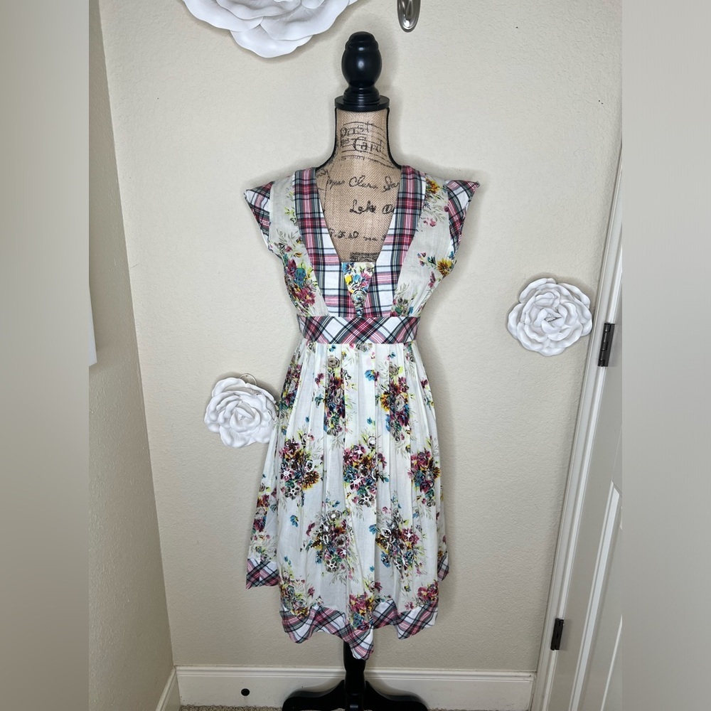 Vintage Sundance Living Catalog Beaded Floral & Plaid Trimmed Dress Sz 4